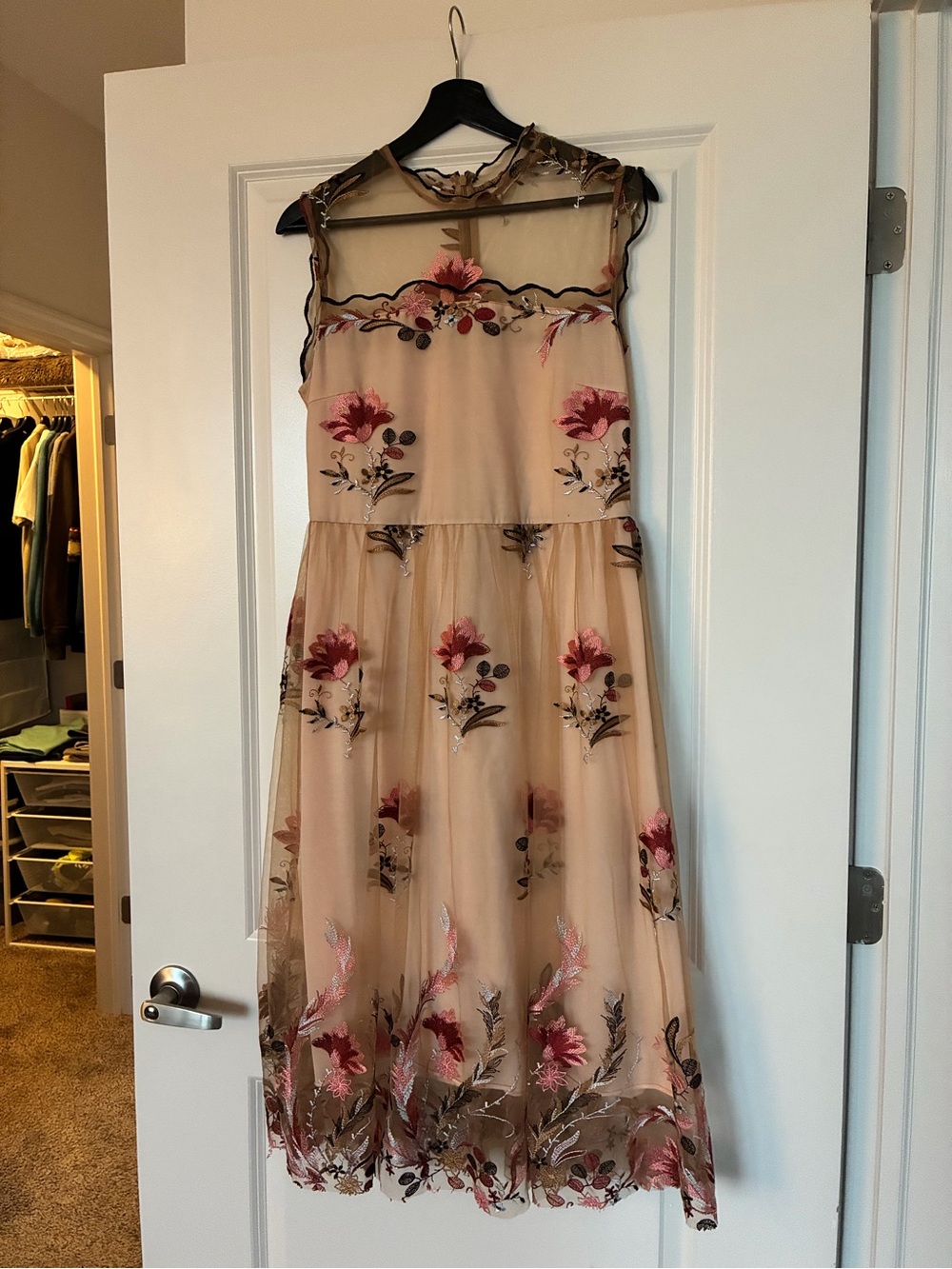 Imperial - Romantic Floral Embroidered Sheer Midi Dress in Beige and Pink